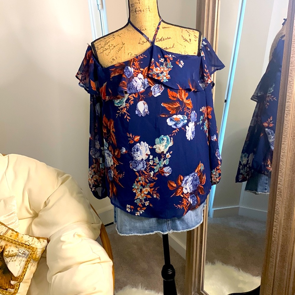 Off the shoulder blue flowered blouse